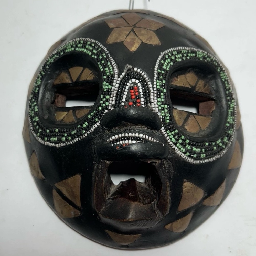 Hand Carved 6" African Tribal Solid Wood w/ Brass Inlay Beaded Mask African Moon